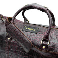 Brown textured duffel bag with 'Karinzi' brand logo on a white background