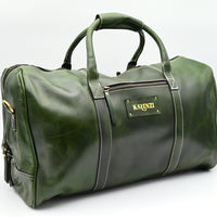 Green leather duffel bag with 'Karenzi' brand label on a white background
