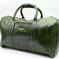 Green leather duffel bag with 'KARENZI' brand label on a white background
