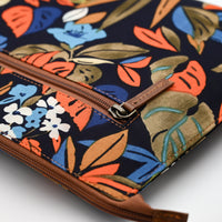 Floral-patterned pouch with a brown zipper on a white background