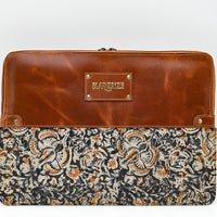 Brown leather and patterned fabric case with 'Marni' branding on a white background
