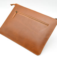 Brown leather pouch with a zipper on a white background